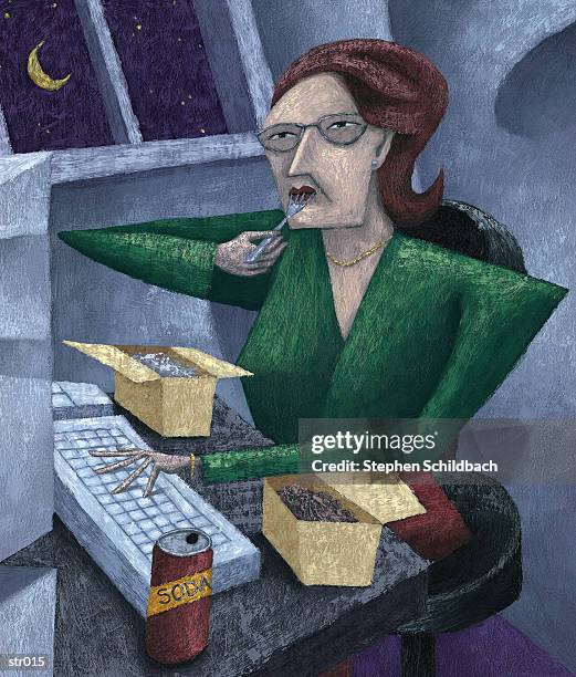 woman working late - stehen stock illustrations