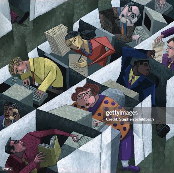 office workers in cubicles - art movement stock illustrations