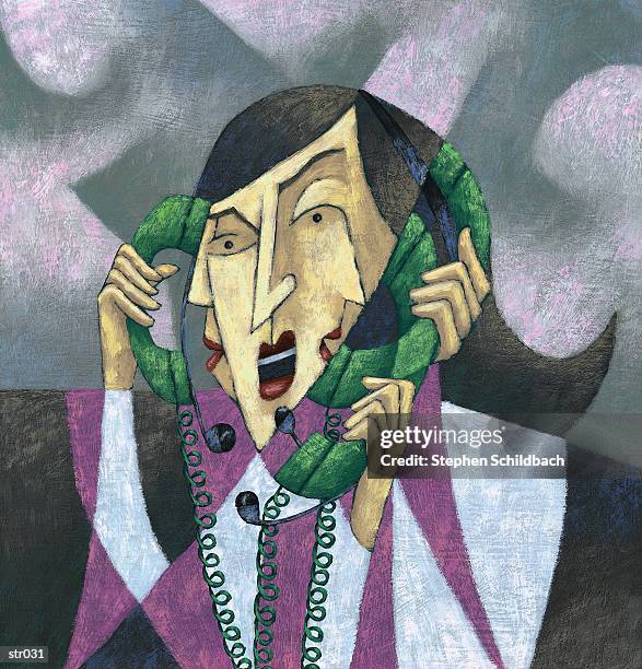 woman talking on three phones - art movement stock illustrations