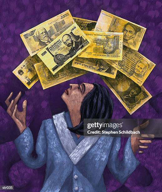 woman juggling foreign currency - stehen stock illustrations