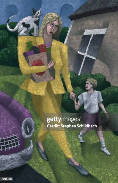 woman walking with child & cat - art movement stock illustrations