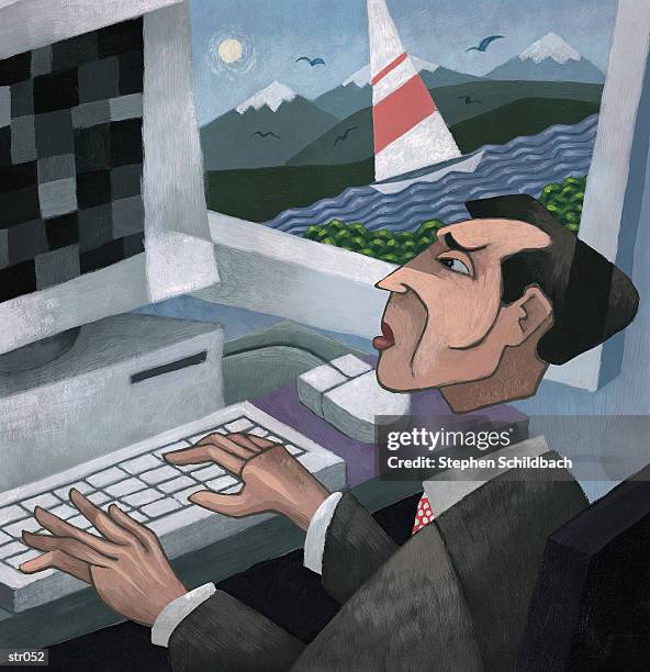 man working at computer - stehen stock illustrations