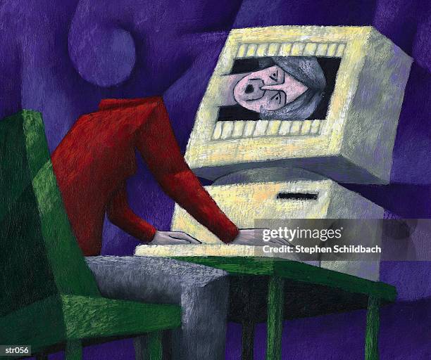 woman with head in computer - art movement stock illustrations