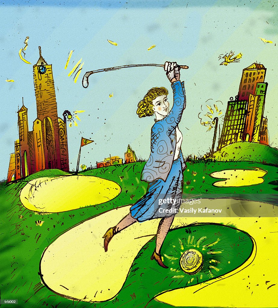 Woman Playing Golf with Coin