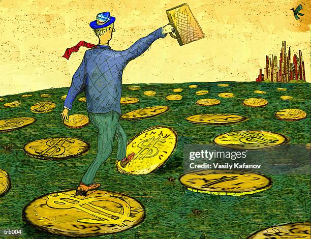 coins as stepping stones - only mid adult men stock-grafiken, -clipart, -cartoons und -symbole