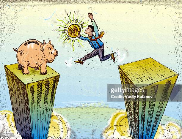 stockillustraties, clipart, cartoons en iconen met leaping buildings to piggy bank - bank of canada governor stephen poloz speaks at the annual canada u s securities summit