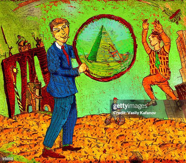 illustrations, cliparts, dessins animés et icônes de man with hoop & pyramid - véhicule à traction humaine