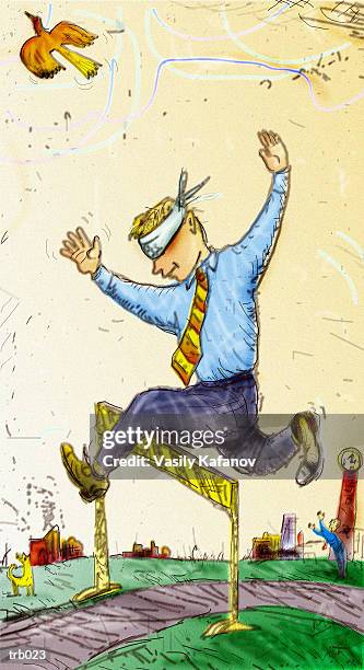 jumping hurdle with blindfold - only mid adult men stock-grafiken, -clipart, -cartoons und -symbole