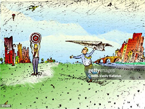 paper airplane & bull's eye - bull stock-grafiken, -clipart, -cartoons und -symbole