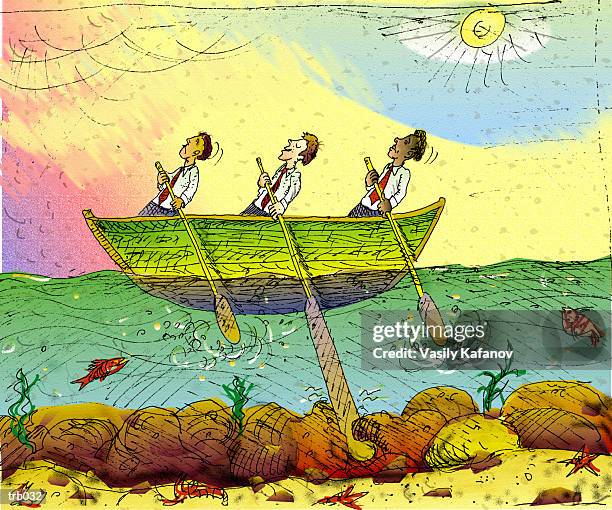 men in row boat - nautical vessel part stock illustrations