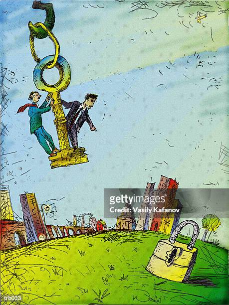 stockillustraties, clipart, cartoons en iconen met men riding on key - construction of eldorado gold corp s greek gold mine