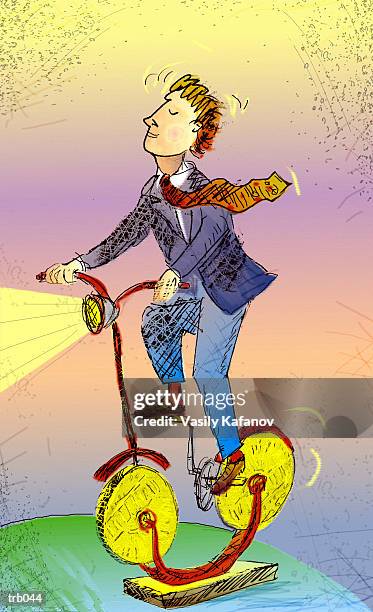 stockillustraties, clipart, cartoons en iconen met man on bike made of coins - vehicle light