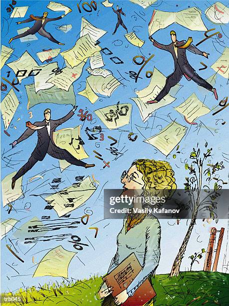 stockillustraties, clipart, cartoons en iconen met woman looking at men & paperwork - secretary of state kerry meets with canadian foreign minister john baird