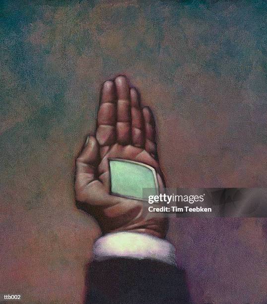 computer screen in hand - oil and acrylic stock illustrations