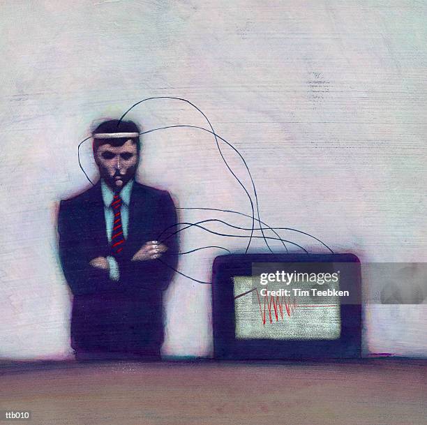 stockillustraties, clipart, cartoons en iconen met man wired to computer - olie en acrylverf