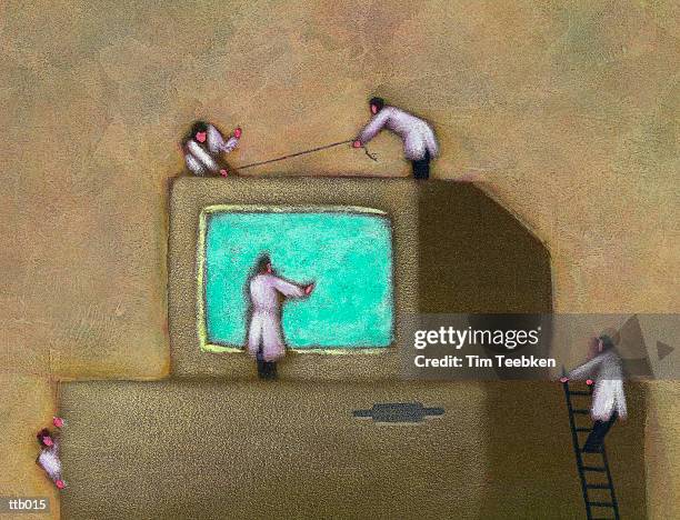 scientists examining computer - oil and acrylic stock illustrations