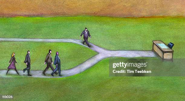 executives converging on desk - tim stock illustrations