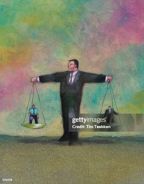 stockillustraties, clipart, cartoons en iconen met exec comparing two employees - olie en acrylverf