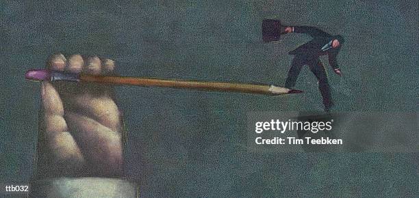 man balancing on pencil point - writing instrument stock illustrations