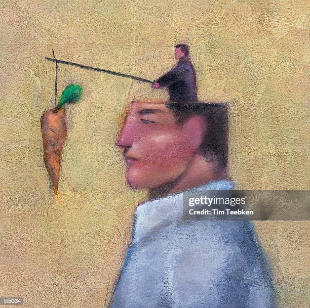 stockillustraties, clipart, cartoons en iconen met man dangling carrot - olie en acrylverf