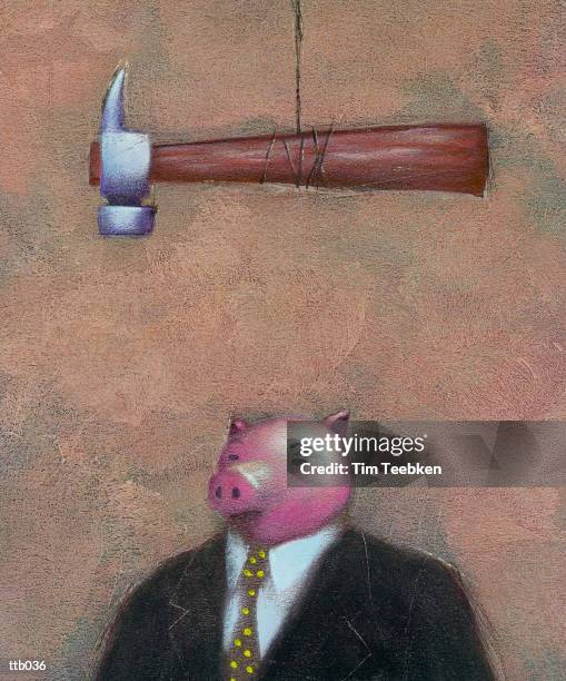 stockillustraties, clipart, cartoons en iconen met hammer over piggy bank - olie en acrylverf