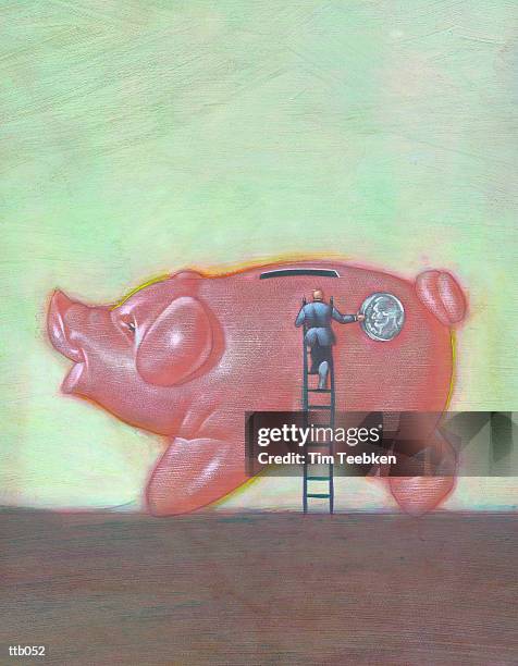 stockillustraties, clipart, cartoons en iconen met depositing coin in piggy bank - olie en acrylverf