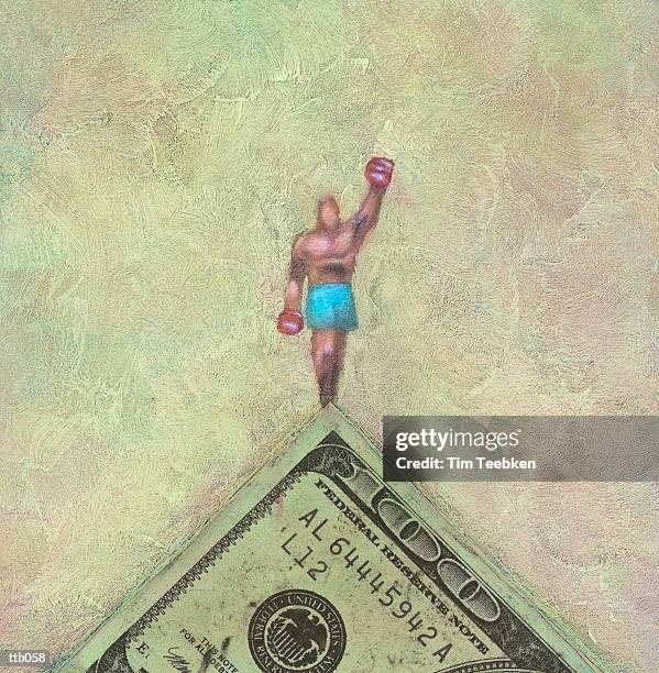 stockillustraties, clipart, cartoons en iconen met champion atop 100 dollar bill - olie en acrylverf