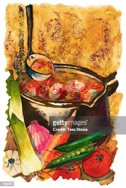 stockillustraties, clipart, cartoons en iconen met vegetable soup pot - spaanse ui