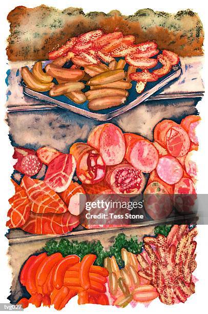 butcher?s shop display - butcher's shop stock-grafiken, -clipart, -cartoons und -symbole