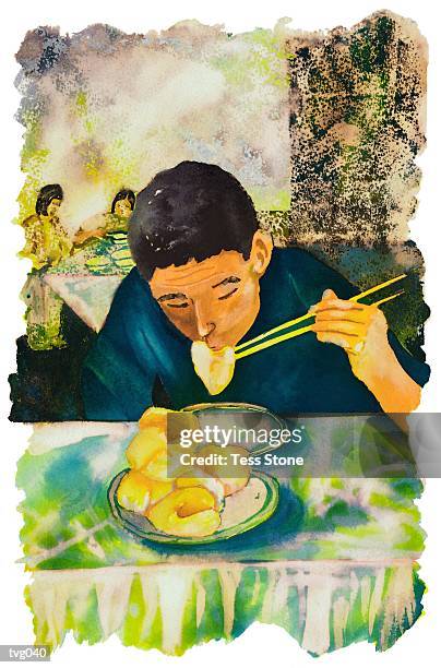 stockillustraties, clipart, cartoons en iconen met man eating dumplings - chinese knoedel