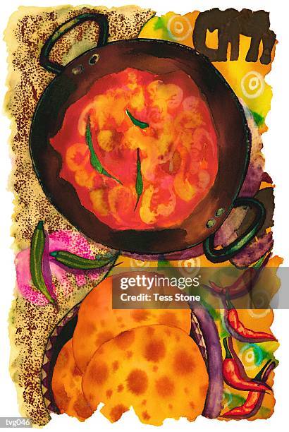 indian food - coconut shrimp curry stock illustrations