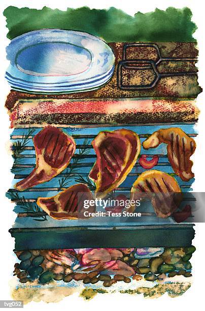barbecued lamb & chicken - serving utensil stock illustrations