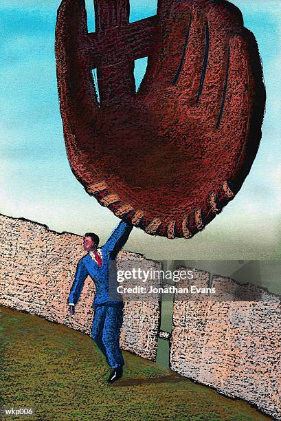 stockillustraties, clipart, cartoons en iconen met man with giant baseball mitt - vangershandschoen