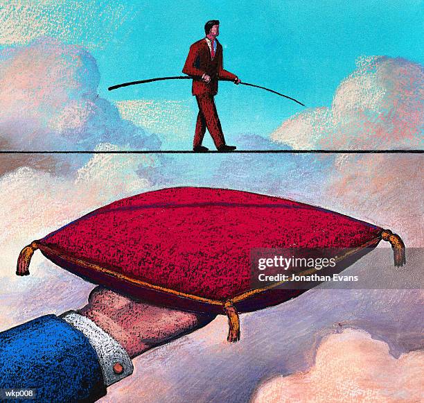 tightrope with pillow below - beschützer stock-grafiken, -clipart, -cartoons und -symbole