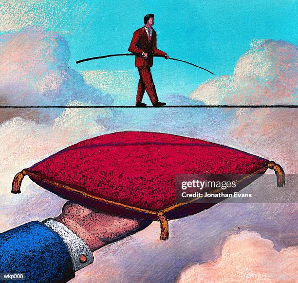 illustrations, cliparts, dessins animés et icônes de tightrope with pillow below - équilibriste