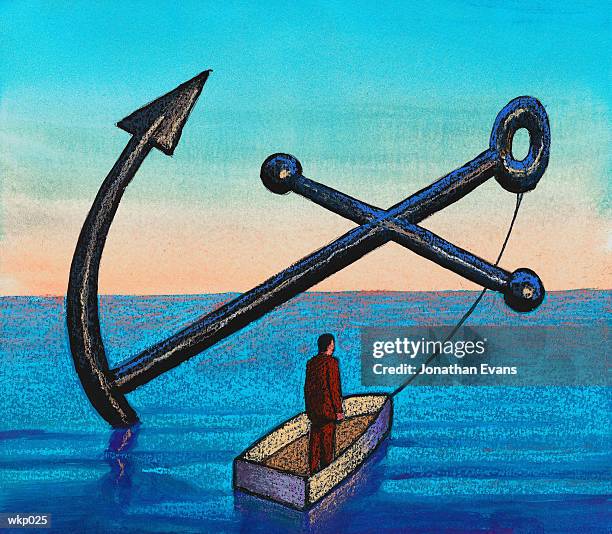 little boat with big anchor - kittle stock-grafiken, -clipart, -cartoons und -symbole