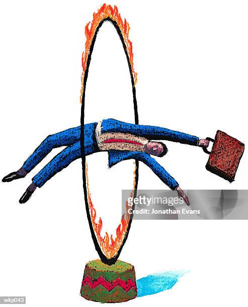 ilustrações, clipart, desenhos animados e ícones de man jumping through hoop - pintura em têmpera