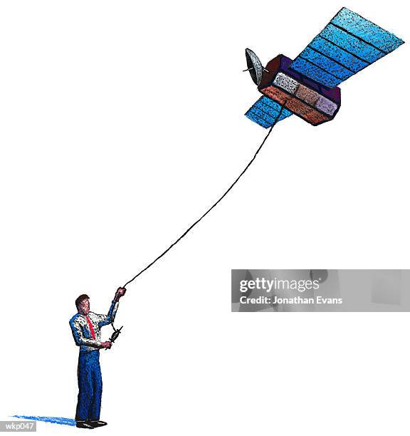 ilustrações, clipart, desenhos animados e ícones de man flying satellite kite - pintura em têmpera