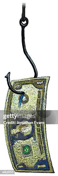 illustrazioni stock, clip art, cartoni animati e icone di tendenza di dollar bill on fishing hook - dipinto a tempera
