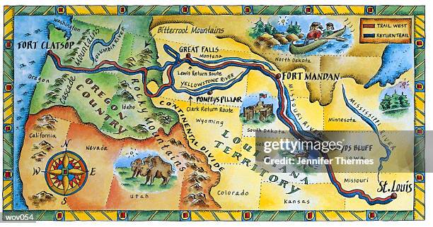 lewis & clark expedition map - westward expansion stock-grafiken, -clipart, -cartoons und -symbole