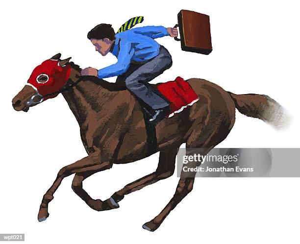 stockillustraties, clipart, cartoons en iconen met businessman on racehorse - paardrijbenodigdheden