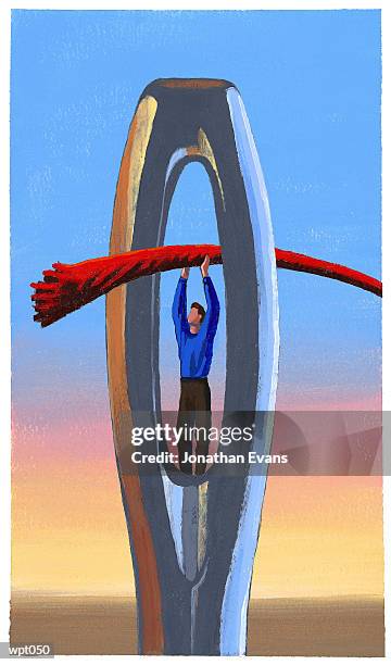 man threading a needle - sewing needle stock illustrations