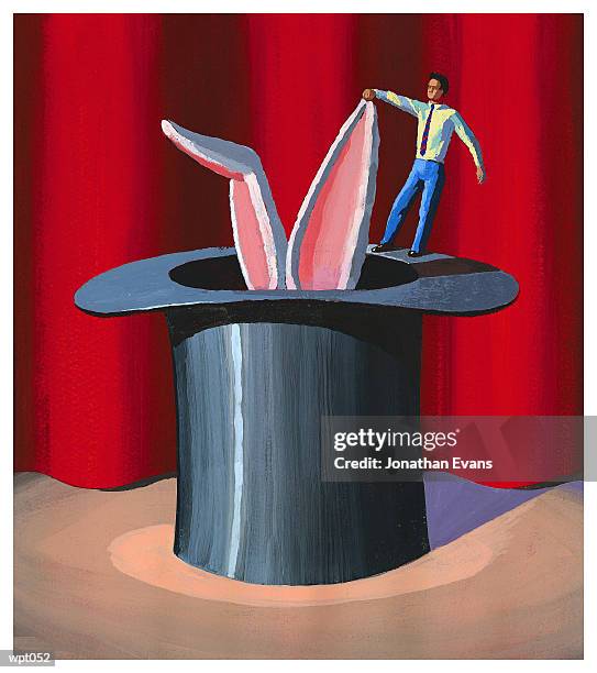 stockillustraties, clipart, cartoons en iconen met man pulling rabbit out of hat - zoogdieren met klauwen