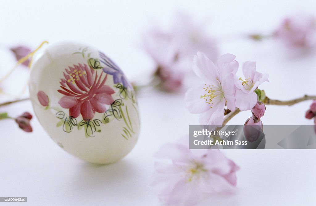 Floral painting on egg, Easter tradition, close up