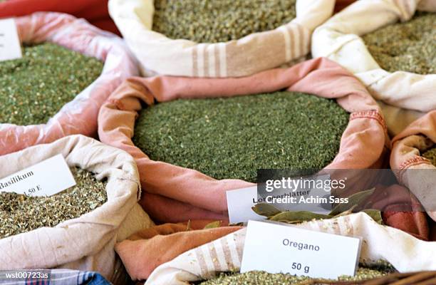 sacks of dried herbs and spices, close up - on the set of the cj e m corp idol school reality television show stockfoto's en -beelden