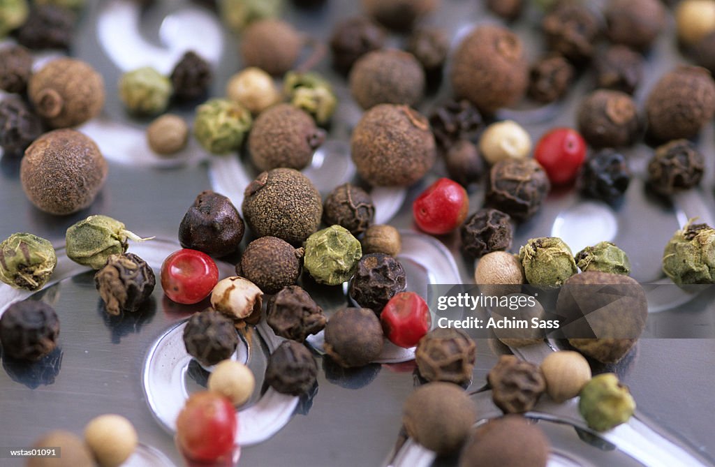 Pepper corns, different varieties, elevated view