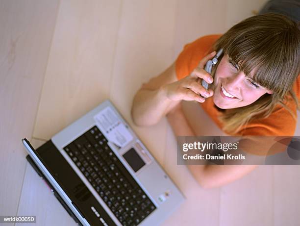 woman on phone, elevated view - daniel stock pictures, royalty-free photos & images