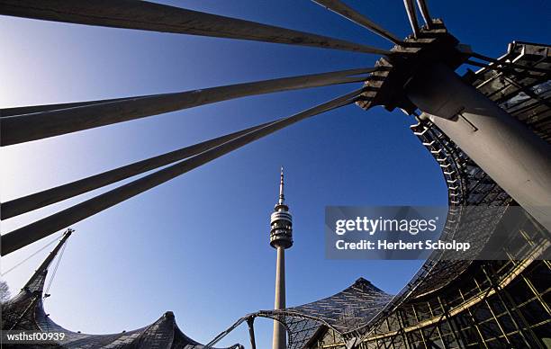 germany, bavaria, munich, olympiapark with tv tower - olympiapark stock pictures, royalty-free photos & images