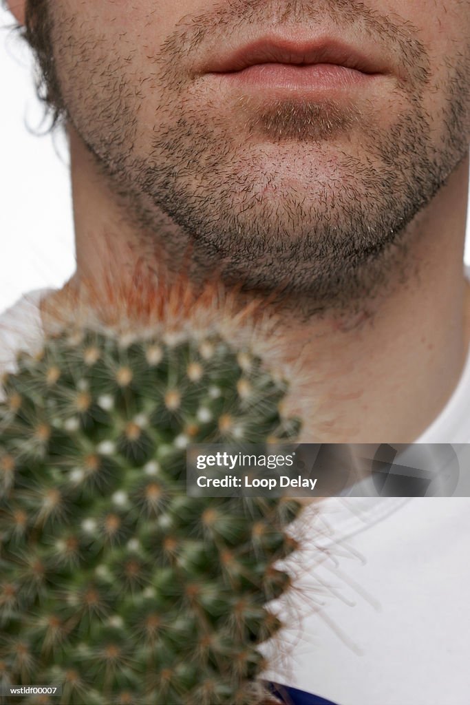 Young man holding cactus plant