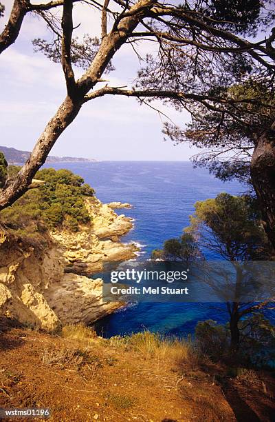 view of sea from mountain top, near tossa de mar, costa brava, catalonia, spain - of fotografías e imágenes de stock